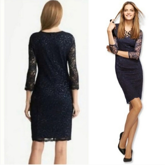 Banana Republic L’Wren Scott Lace Sheath Dress V-Neck Size 6 Navy Metallic - Picture 6 of 10